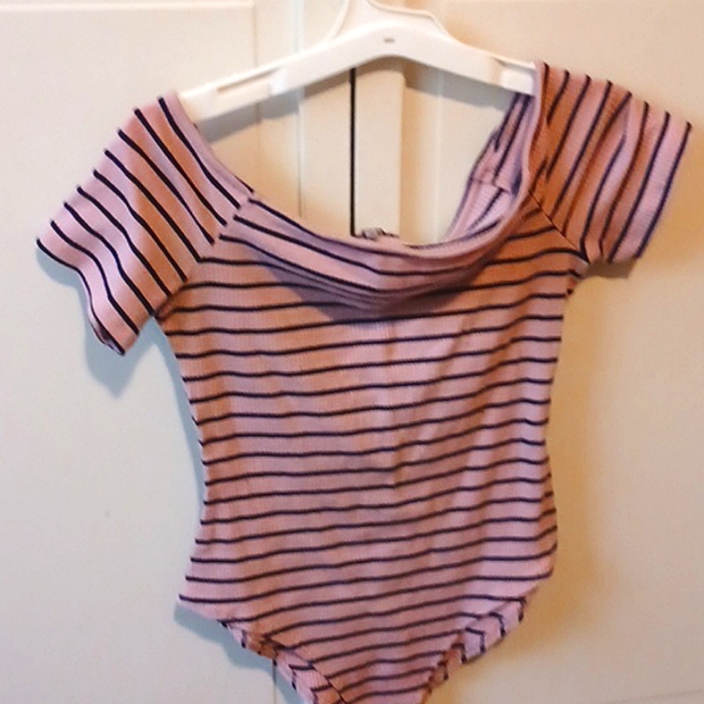 One peice, striped shirt, off shoulder